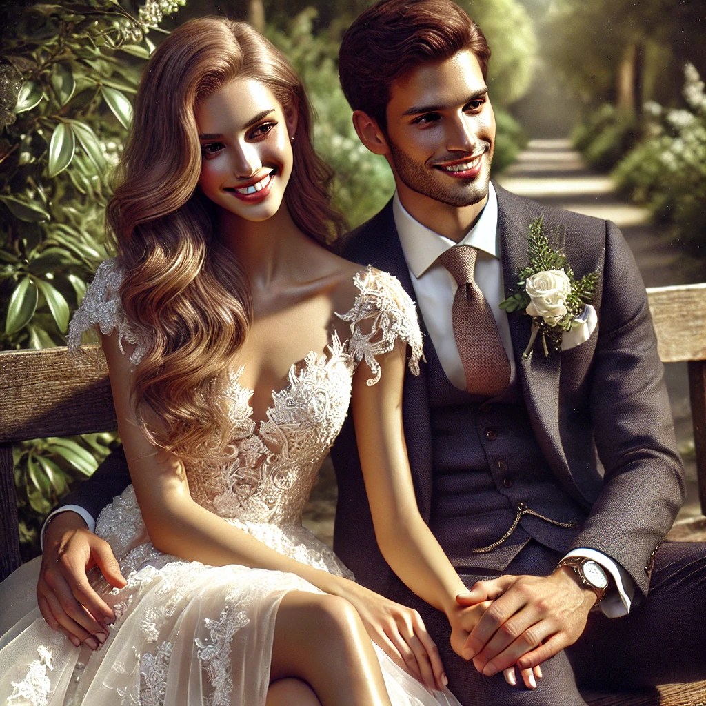 A highly realistic outdoor scene capturing a Spanish bride and groom during a pre-wedding photoshoot. The couple is seated together on a wooden bench, holding hands naturally, and smiling warmly. The bride wears an elegant white dress with intricate details, and the groom is in a sharp, tailored suit. The setting includes lush greenery and warm sunlight, creating an intimate and serene atmosphere. Emphasis on natural expressions and lifelike features.