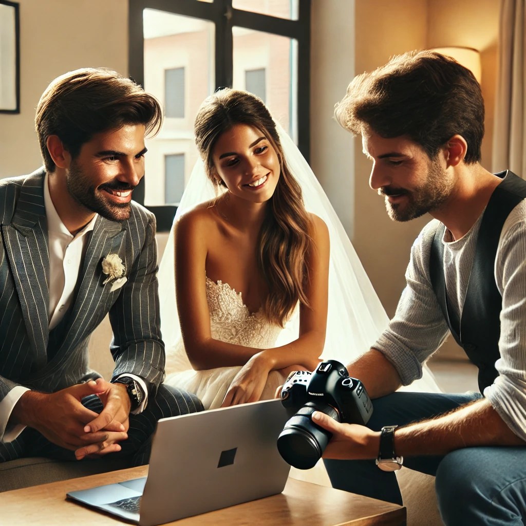 A Spanish bride and groom sitting with a professional photographer in a well-lit room. The photographer is showing them photos on a laptop, and the couple is engaged and smiling. The atmosphere is collaborative and relaxed, with subtle wedding-related props in the background.