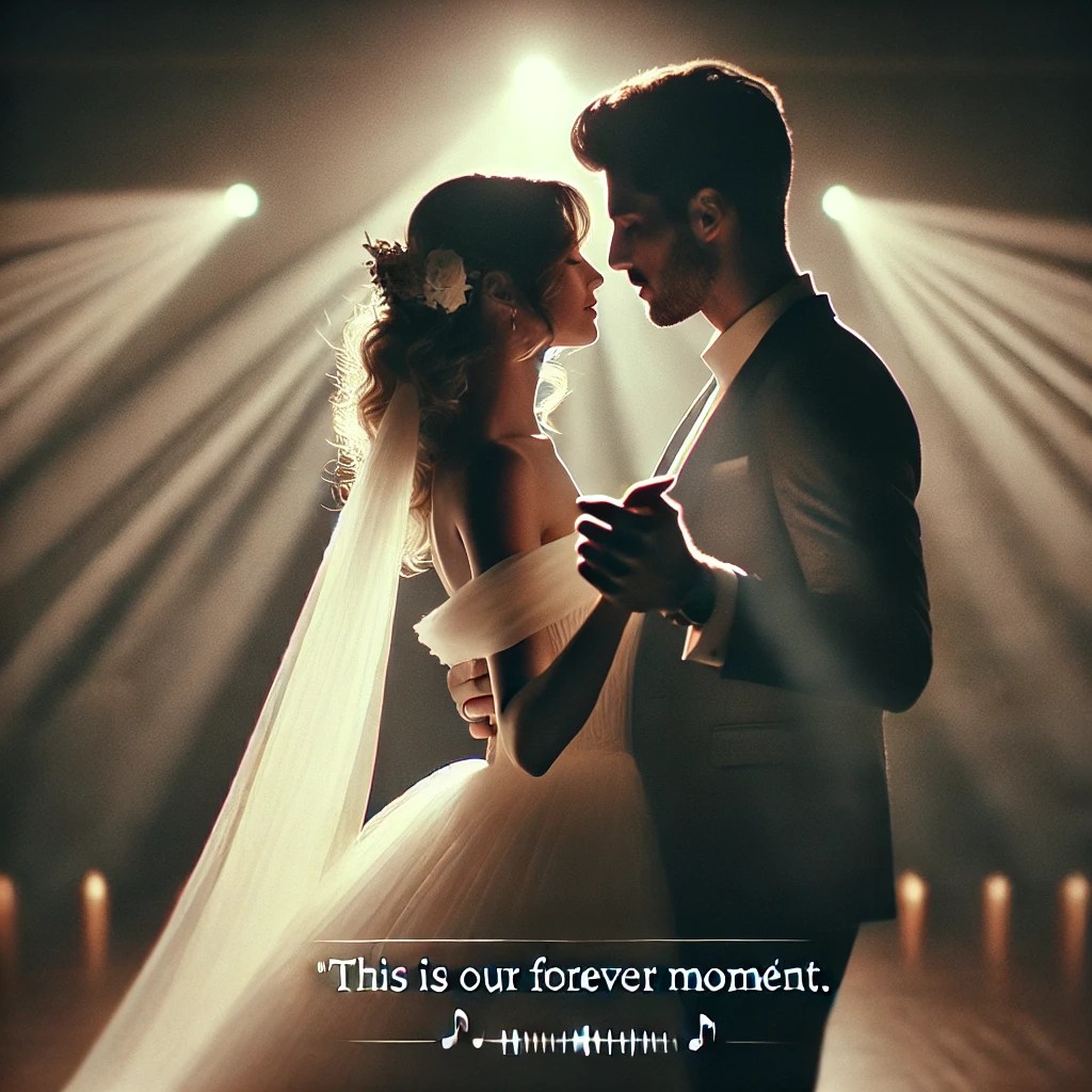 A cinematic and emotional frame capturing the first dance of a Spanish bride and groom at their wedding. The bride is in a flowing wedding dress, and the groom is in a tailored suit. Subtitles overlay the image, displaying a line of romantic song lyrics like 'This is our forever moment.' The atmosphere is intimate, with soft lighting and a spotlight on the couple, creating a timeless and heartfelt mood.
