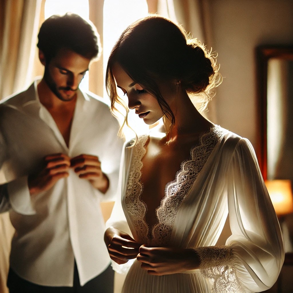A serene and emotive scene of a Spanish bride and groom getting ready for their wedding ceremony. The bride is adjusting her dress in front of a softly lit mirror, while the groom is buttoning his shirt nearby. The atmosphere is calm and intimate, with natural light streaming in, creating a warm and tranquil mood.