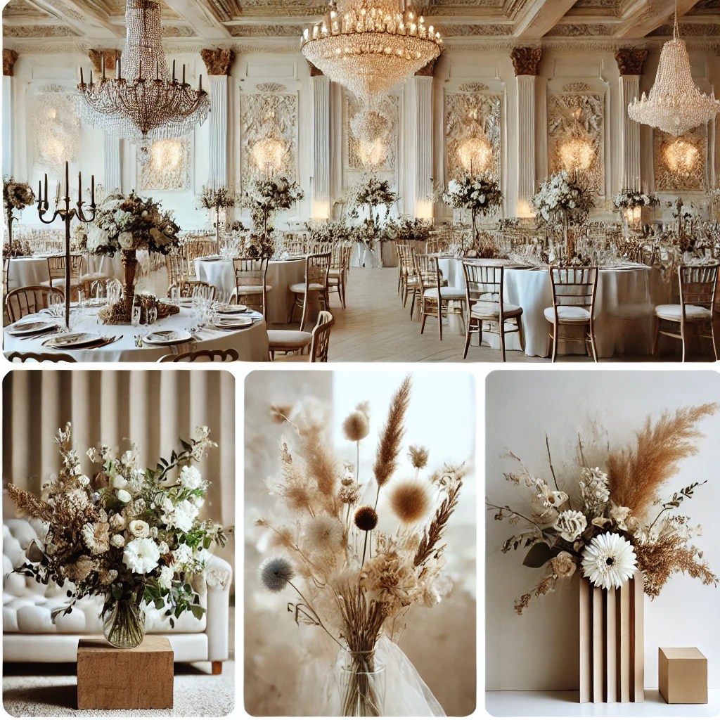 A collage featuring three wedding styles: classic, bohemian, and modern. The classic style showcases elegant decorations with chandeliers and white floral arrangements; the bohemian style highlights natural elements like wildflowers, wooden accents, and soft earthy tones; the modern style features sleek, minimalistic decor with geometric designs and bold lighting. Each section is distinct yet visually cohesive, presenting the unique atmosphere of each style.