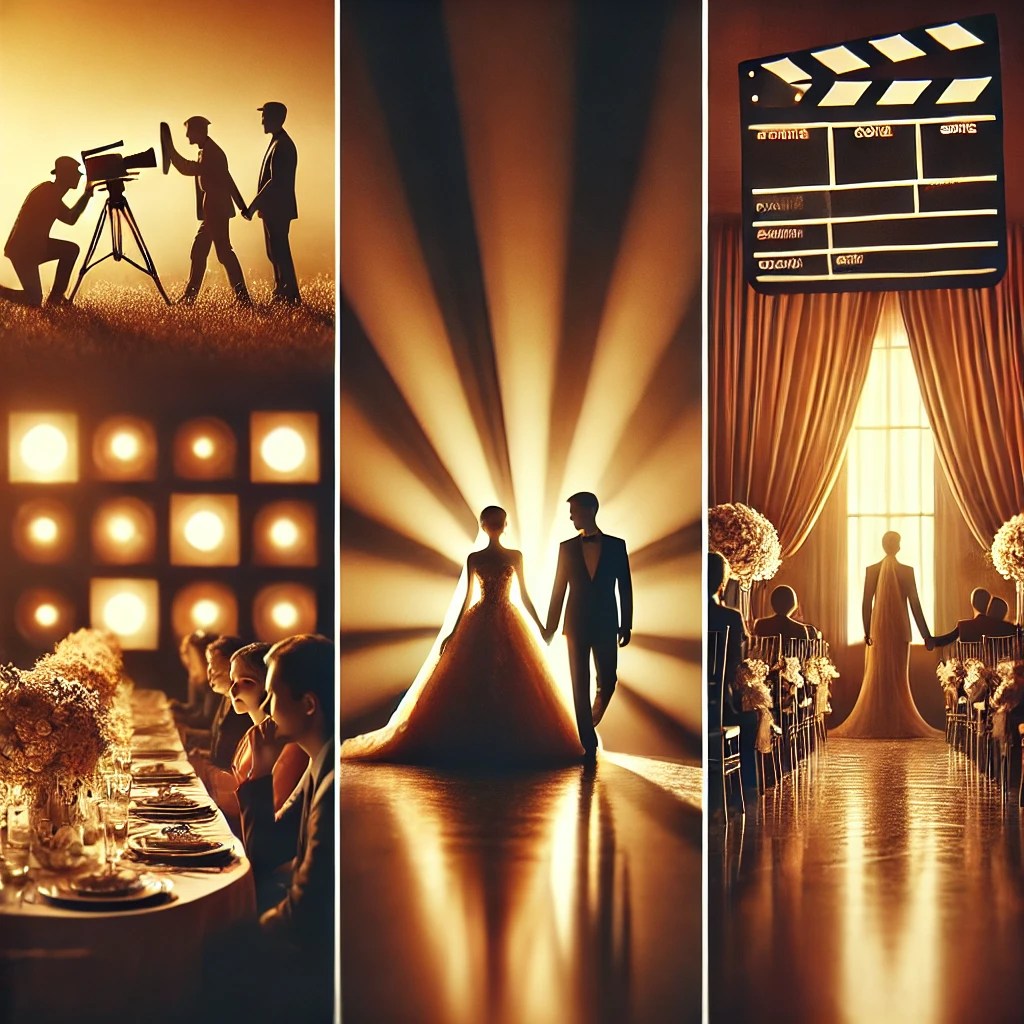 A balanced split-screen collage showcasing three distinct wedding photography styles. The left section features candid moments in a documentary style, the center highlights cinematic storytelling with dramatic lighting, and the right captures posed and elegant traditional arrangements. The image is warm, inviting, and visually appealing, ensuring all elements are harmonious and realistic.