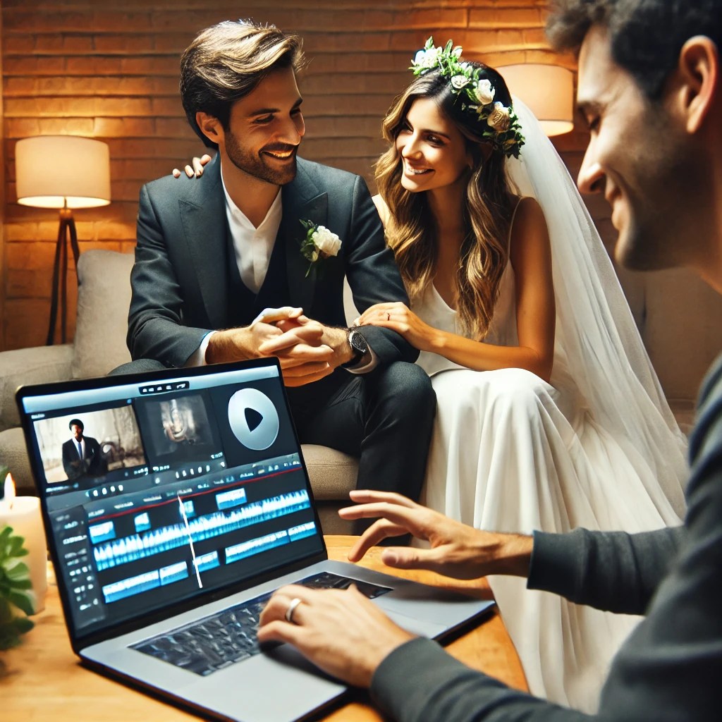 A realistic and professional scene of a videographer sitting with a Spanish bride and groom, showing music options on a laptop screen. The couple is smiling and engaged, sitting close together, while the videographer gestures towards the screen. The setting is cozy and well-lit, with wedding-related materials subtly placed in the background, creating a collaborative and warm atmosphere.
