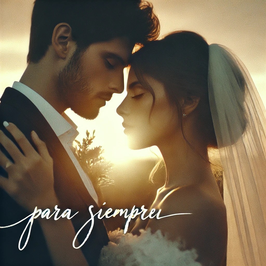 A cinematic and emotional final frame of a wedding video, featuring a Spanish bride and groom embracing under a soft sunset. The words 'Para siempre' are elegantly written in a romantic script font at the bottom of the image. The atmosphere is serene and timeless, emphasizing love and connection, with no additional text or numbers included.